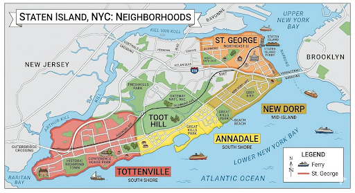 A map of Staten Island, NY showing a few neighborhoods